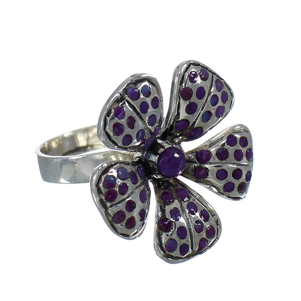 Silver Southwest Magenta Turquoise Flower Ring Size 8-1/4 QX74422